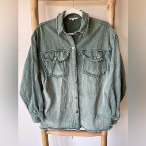 Vici Collection BaeVely Green Ombré Washed Denim Fall Raw Hem Shacket Size Small